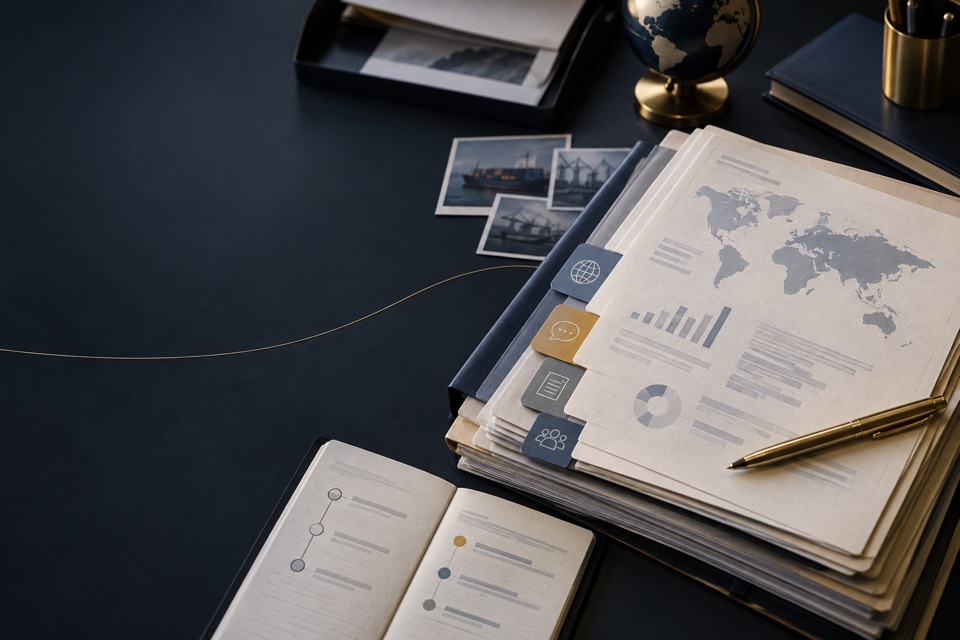 Illustrative indexed buyer-file dossier with corporate and financial document layouts