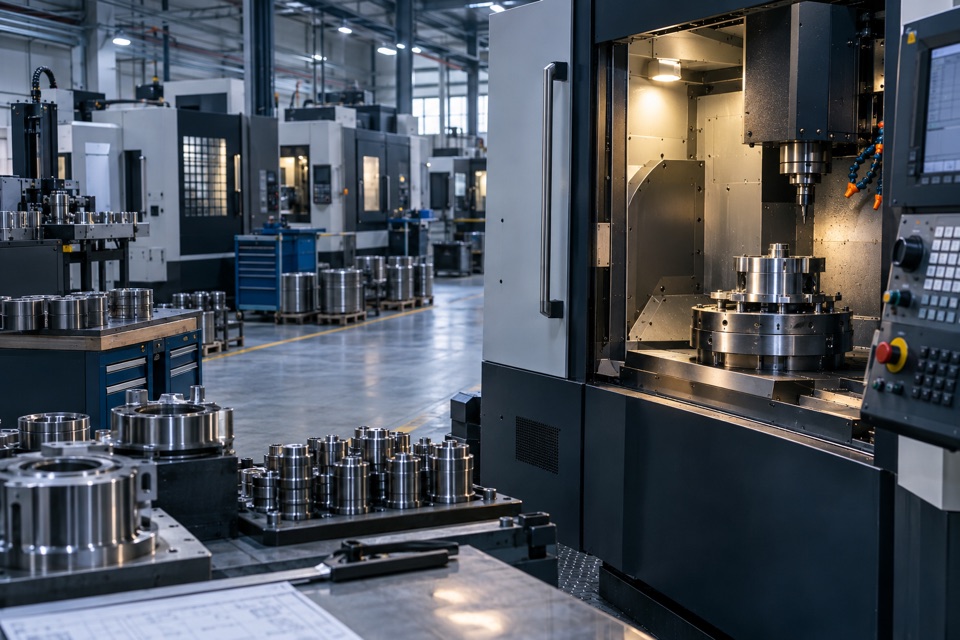 Illustrative CNC machining cell with a milling machine, fixtures and precision components