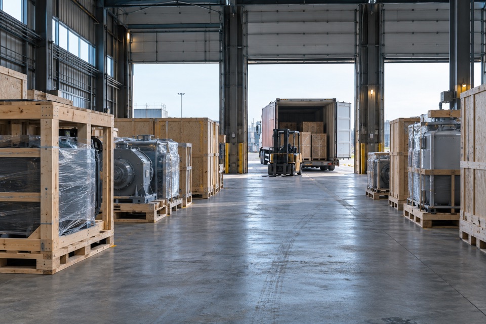 Illustrative industrial equipment in protective timber crates beside a truck-loading bay