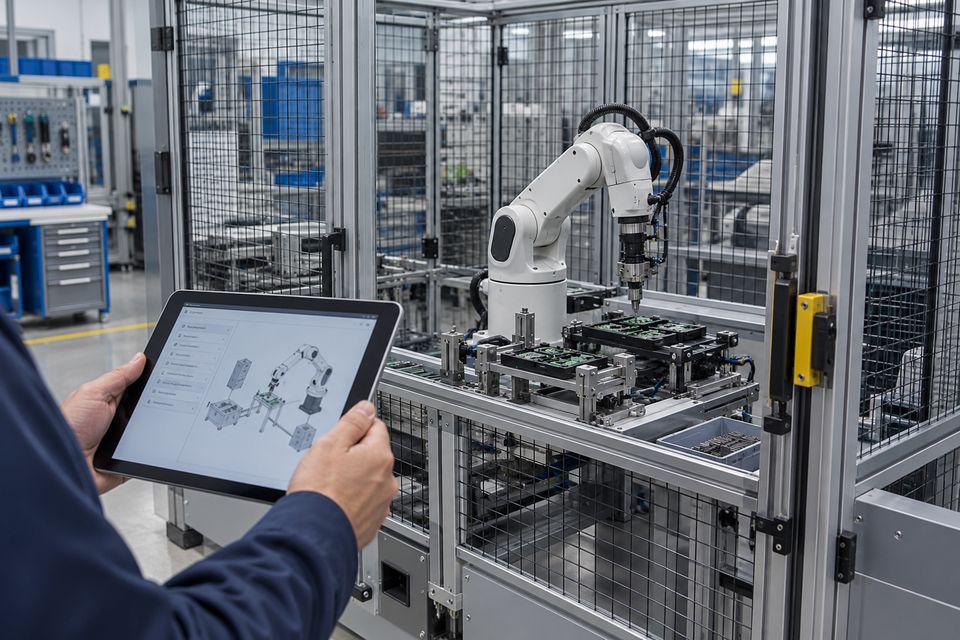 Illustrative observation of an enclosed electronics-assembly robot with an equipment diagram on a tablet