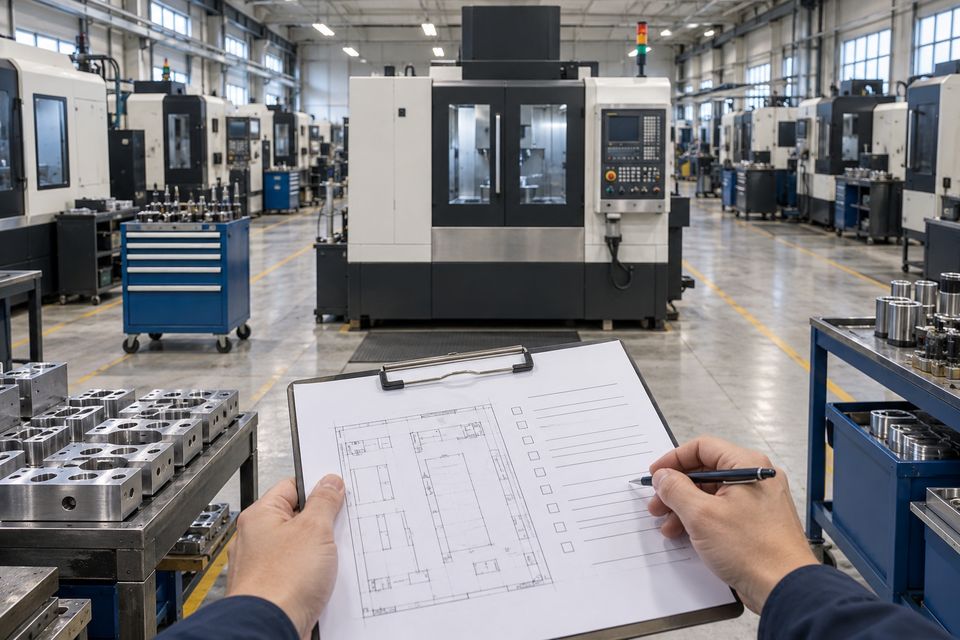 Illustrative production-premises review with a floor-plan checklist and enclosed CNC machines