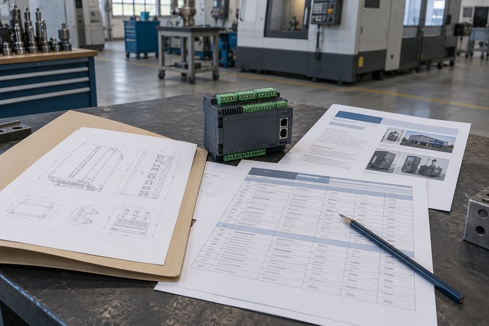 Illustrative quotation, technical specification and supplier-record review beside an industrial electronic component